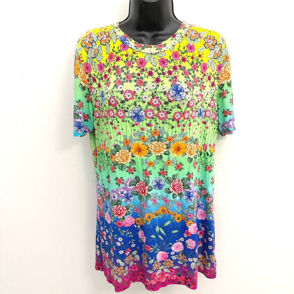 Johnny Was Top Floral Bamboo Blend Short Sleeve Multi-Color Size L